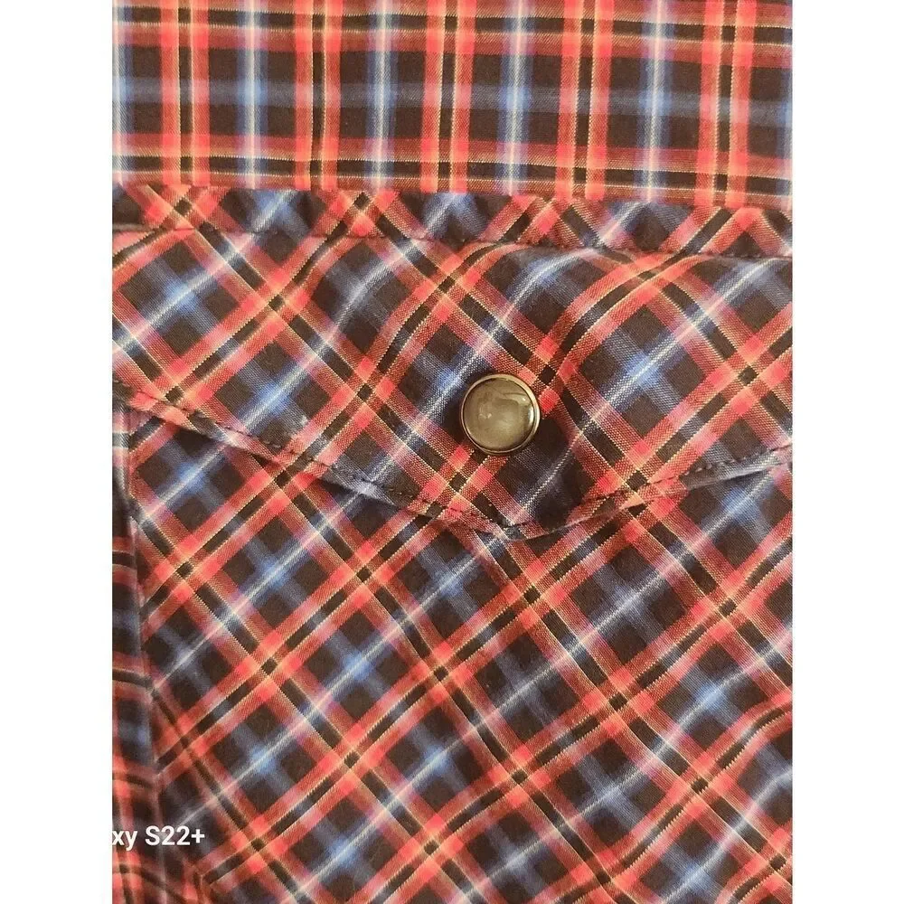 M70 Banana Republic Slim Fit Men's Red & Blue Plaid Western Shirt w Pearly Snaps